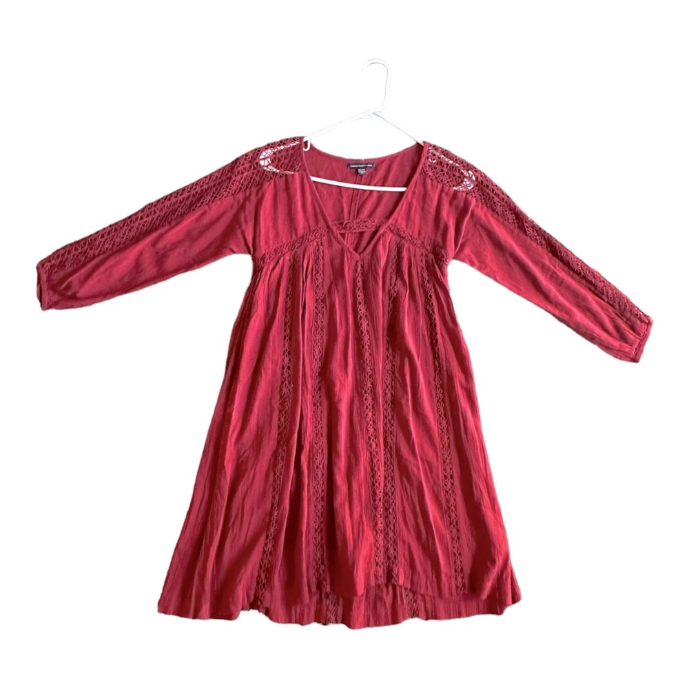 American Eagle Outfitters Women Bell Sleeve Embroidered Boho Red Dress Size XXS